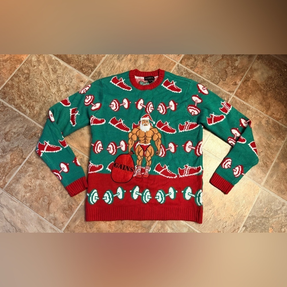 Blizzard Bay “Gains Santa” Ugly Christmas Sweater Men’s L – Gym Holiday Party - Picture 2 of 6